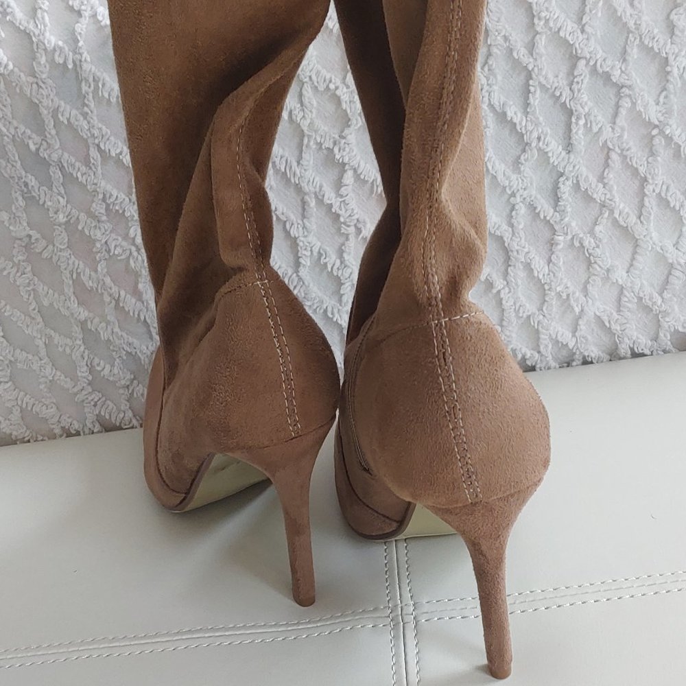 Over The Knee Tan Faux Suede Stiletto Heel Boots - Picture 5 of 9